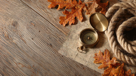 A close-up of a vintage brass compass and thick rope resting on a weathered wooden surface, adorned with fallen autumn oak leaves.の素材