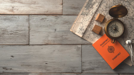 Overhead view of travel essentials including a passport, compass, map, and earbuds arranged on a rustic wooden surface, evoking a sense of adventure and planning.の素材