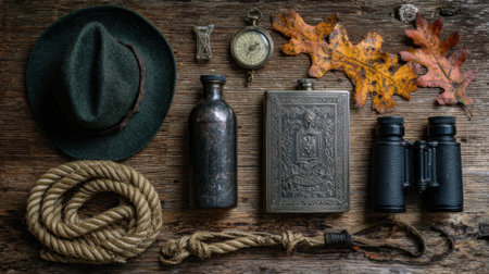A collection of vintage explorer items including a hat, rope, bottle, flask, binoculars, and pocket watch, laid out on a weathered wooden background with autumn leaves.の素材