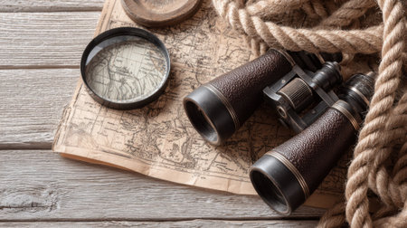 A collection of antique exploration items including binoculars, a magnifying glass, and a map, arranged on a rustic wooden surface with a thick rope.の素材