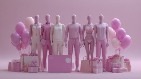 A group of mannequins, both male and female, are arranged in a studio with a pink backdrop. They are surrounded by gift boxes, shopping bags, and balloons, creating a festive and commercial atmosphere.の素材