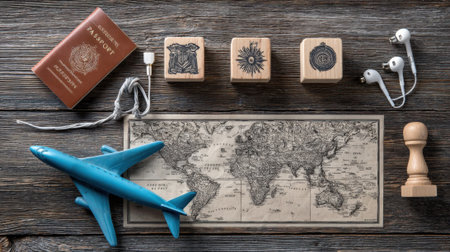 A collection of travel items including a passport, map, airplane, compass, and headphones arranged on a rustic wooden background.の素材