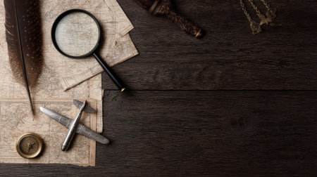 A flat lay composition featuring a vintage map, magnifying glass, quill pen, and a small dagger on a dark wooden surface, evoking a sense of adventure and discovery.の素材
