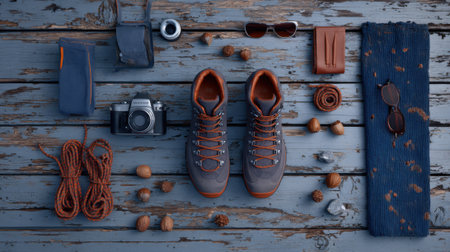 A collection of hiking and travel essentials arranged neatly on a weathered wooden background, ready for an adventure.の素材