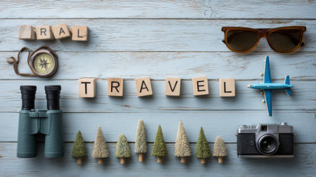 A flat lay composition featuring travel items like binoculars, sunglasses, a camera, and an airplane model, spelling out TRAVEL.の素材
