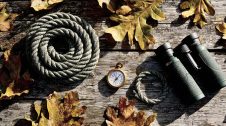 A collection of vintage exploration tools including a coiled rope, compass, and binoculars, artfully arranged on a weathered wooden table amidst fallen autumn leaves.の素材