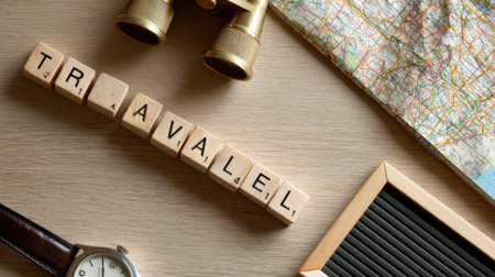 The word TRAVEL is spelled out with scrabble tiles, surrounded by a map, binoculars, and a watch, suggesting adventure and exploration.の素材