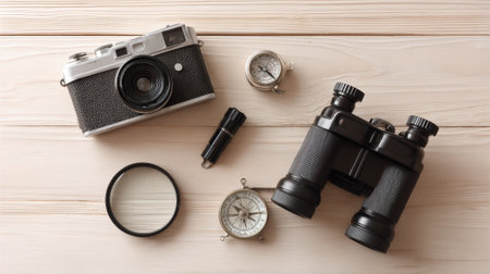 A flat lay of vintage travel essentials including a camera, binoculars, compass, and magnifying glass, arranged on a light wooden surface.の素材