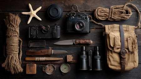 A collection of vintage exploration and travel items arranged on a wooden surface, including cameras, knives, rope, and a bag.の素材