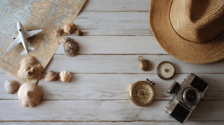 A flat lay composition featuring vintage travel items like a map, compass, airplane model, hat, and shells on a weathered wooden background.の素材