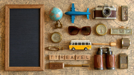 A collection of retro travel items including a camera, globe, toy bus, and sunglasses, laid out with the word TRAVEL spelled out in wooden letters.の素材