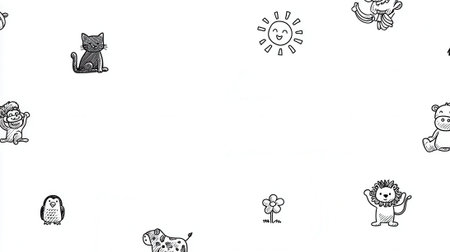 A whimsical pattern featuring hand-drawn cartoon animals like a cat, penguin, lion, and hippo, along with a smiling sun and a flower, on a white background.の素材