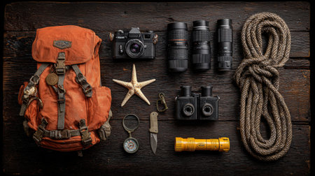 A collection of outdoor adventure essentials including a backpack, camera, lenses, binoculars, flashlight, knife, compass, and rope, arranged on a wooden surface.の素材