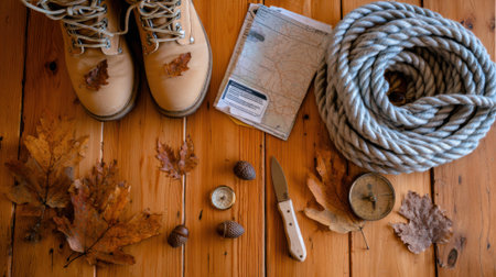 Overhead view of hiking boots, rope, map, compass, knife, and acorns on a rustic wooden background with fallen autumn leaves.の素材