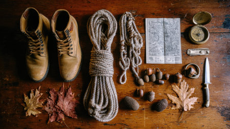 A collection of hiking and camping essentials including boots, ropes, a compass, map, knife, and autumn leaves, arranged on a rustic wooden background.の素材