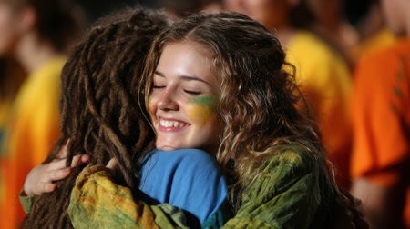 Close-up of two young women embracing warmly, both smiling with eyes closed. One has colorful face paint on her cheek. They appear to be at an outdoor event or festival.の素材