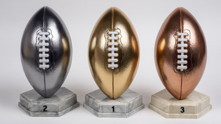 Three American football trophies in silver gold and bronze are displayed on marble pedestals numbered 2 1 and 3 respectively.の素材