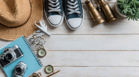 A collection of vintage travel items including a straw hat, sneakers, cameras, compasses, and binoculars on a white wooden background.の素材