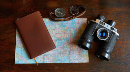 A collection of vintage travel items including a map, binoculars, a leather journal, and a compass, arranged on a rustic wooden surface.の素材