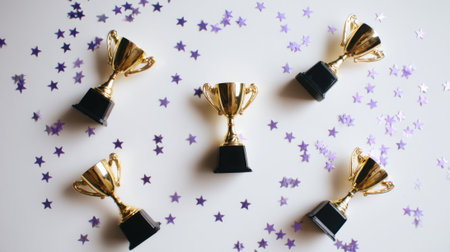 A top-down view of five golden trophies arranged with scattered purple star confetti on a clean white surface, symbolizing achievement and celebration.の素材