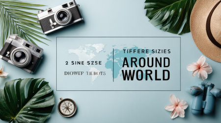 A vibrant flat lay composition featuring vintage cameras, lush tropical leaves, a straw hat, and a compass, evoking a sense of adventure and exploration.の素材