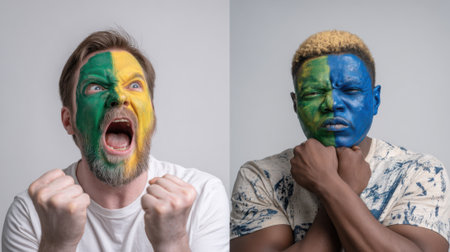 Split screen showing two men with their faces painted in different colors, one cheering and the other looking concerned, representing sports rivalry.の素材