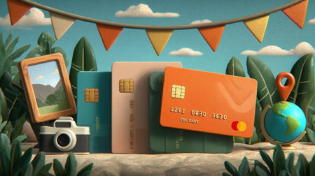 A whimsical scene blending travel and finance, featuring credit cards, a vintage camera, a globe, and festive bunting.の素材