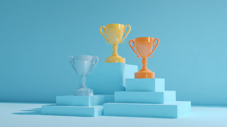 A minimalist 3D render of three trophies on a blue podium against a solid blue background.の素材