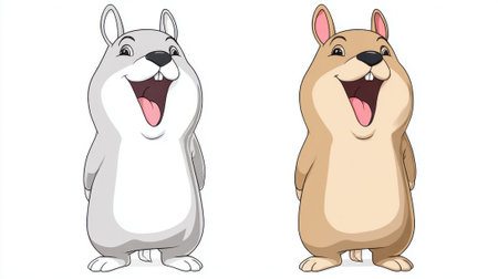Two adorable cartoon hamsters, one grey and one brown, stand side-by-side with wide smiles and open mouths, appearing cheerful and friendly.の素材