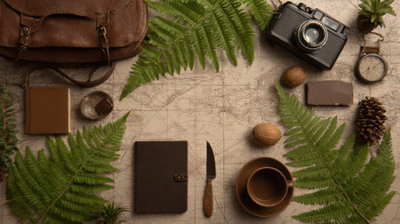 A flat lay composition of vintage travel items including a camera, compass, journal, and leather bag, surrounded by green fern leaves on a map.の素材