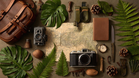 A flat lay composition featuring vintage travel items including cameras, a map, a leather bag, and lush green foliage, evoking a sense of adventure.の素材