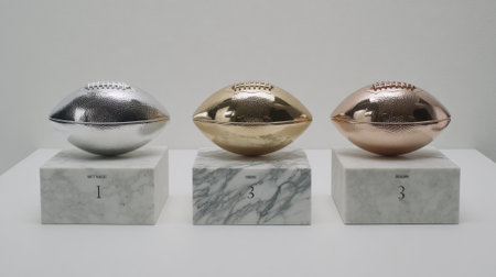 Three abstract sculptures in silver gold and copper are displayed on marble pedestals against a white background.の素材