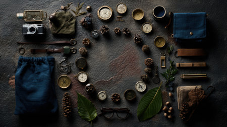 A collection of vintage outdoor adventure items, including a camera, compass, and backpack, are artfully arranged on a dark, textured background.の素材