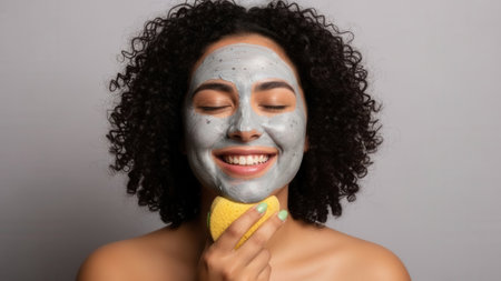 A happy young woman with curly hair smiles as she applies a clay mask to her face using a yellow sponge.の素材
