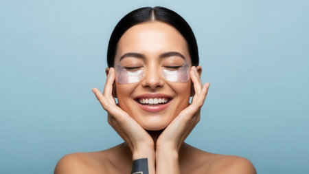 A young woman with closed eyes and a big smile applies under eye patches for skincare.の素材