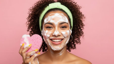 A smiling young woman with curly hair and a green headband applies a white face mask with a pink cleansing brush against a pink background.の素材