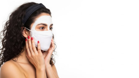 A woman applies a white cream mask to her face while wearing a protective mask, focusing on skincare and self-care.の素材