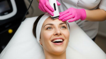 A smiling woman with a headband is undergoing a facial treatment with a handheld device in a bright, modern clinic setting.の素材
