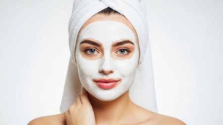 A woman with a white face mask and a towel wrapped around her head, looking at the camera.の素材