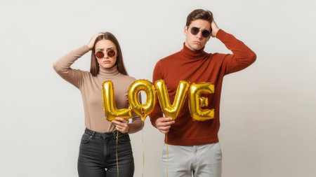 A stylish young couple wearing sunglasses and fashionable turtlenecks holds golden balloons spelling out the word LOVE against a plain background.の素材