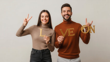 A smiling young couple holds up letters spelling LOVE and makes peace signs, conveying happiness and togetherness.の素材