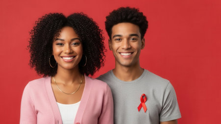 A young Black couple stands together, smiling warmly against a vibrant red background. The man wears a t-shirt with a red ribbon, symbolizing support for AIDS awareness.の素材