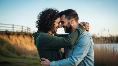 A happy couple shares a tender moment, embracing each other with smiles and closed eyes against a soft sunset backdrop.の素材
