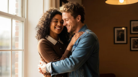 A happy young couple shares a tender moment, embracing by a sunlit window, conveying love and connection.の素材