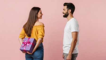 A woman hides a gift behind her back as she looks at a man, both standing against a pink background.の素材