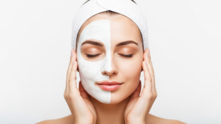 A woman with her eyes closed and a towel on her head, with one half of her face covered in a white mask.の素材