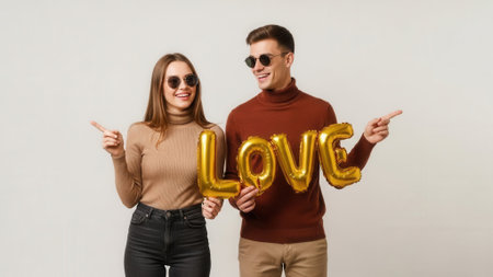 A happy young couple wearing sunglasses and stylish sweaters holds golden balloons spelling out the word LOVE.の素材