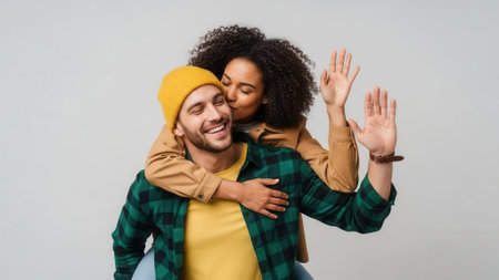 A joyful young couple shares a playful moment. The woman gives the man a kiss on the cheek while he gives her a piggyback ride and waves.の素材