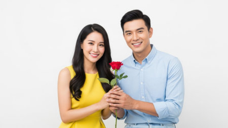 A smiling young Asian couple stands together, with the man presenting a single red rose to the woman. They are both looking at the camera against a plain white background.の素材