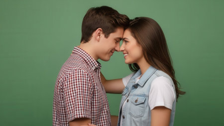 A young man and woman gaze lovingly at each other, foreheads touching in a tender embrace against a plain green background.の素材